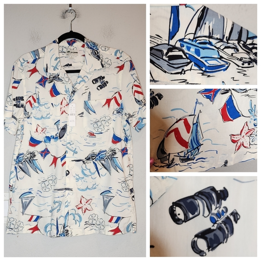 NWT J. Crew Sail Boat Cotton-Viscose Camp-Collar Button Shirt Men's Size Small